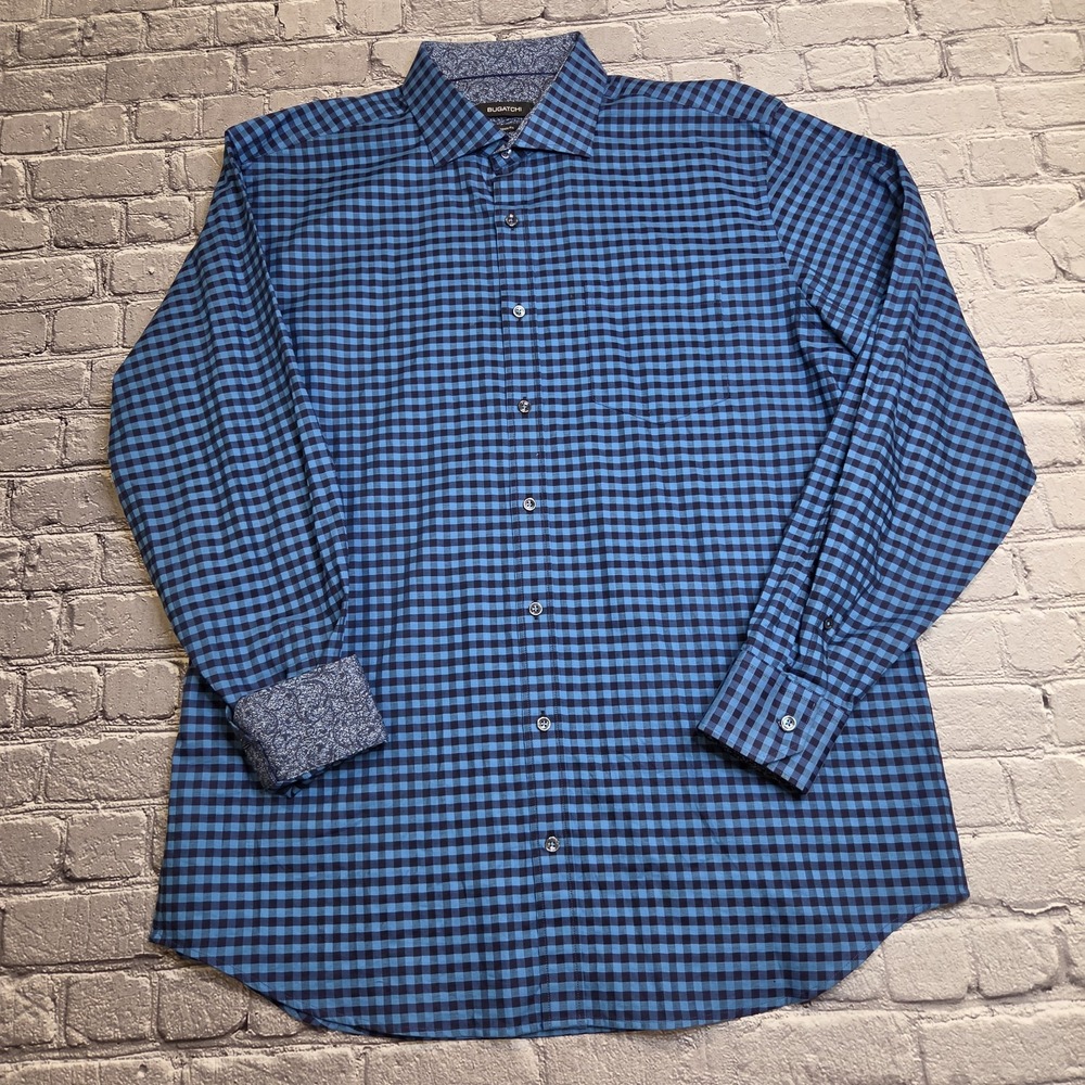 BUGATCHI Classic Fit Flip Cuff Check Geometric Button Up Shirt Men's XL